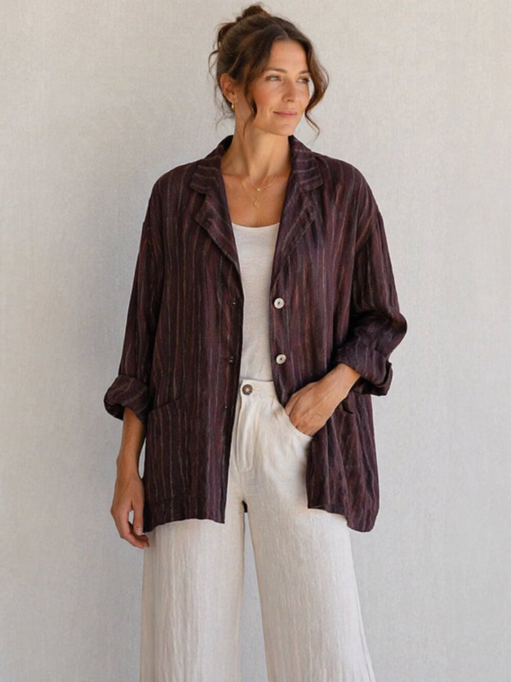 Glass House 100% Linen Jacket – Striped Brown Blazer – Lightweight